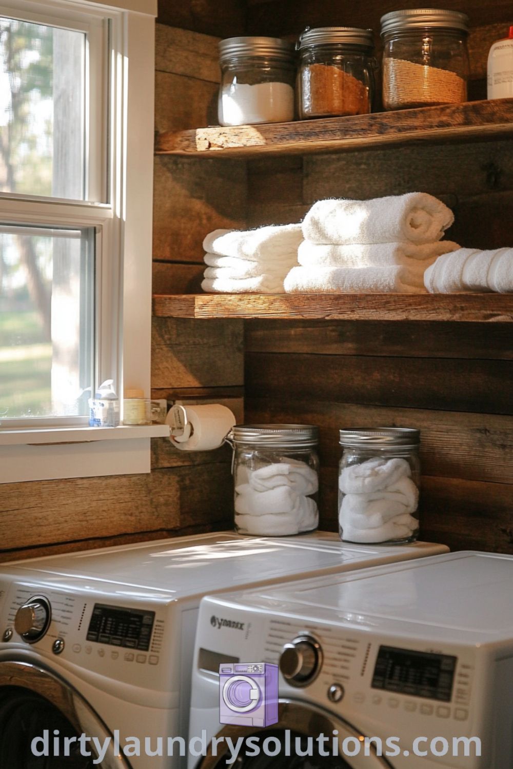 Cozy laundry room featuring a washer and dryer with reclaimed wood shelves, neatly organized towels and laundry essentials, bathed in warm afternoon light. Ideas for small spaces and room updates that make sense can be found at dirtylaundrysolutions.com.