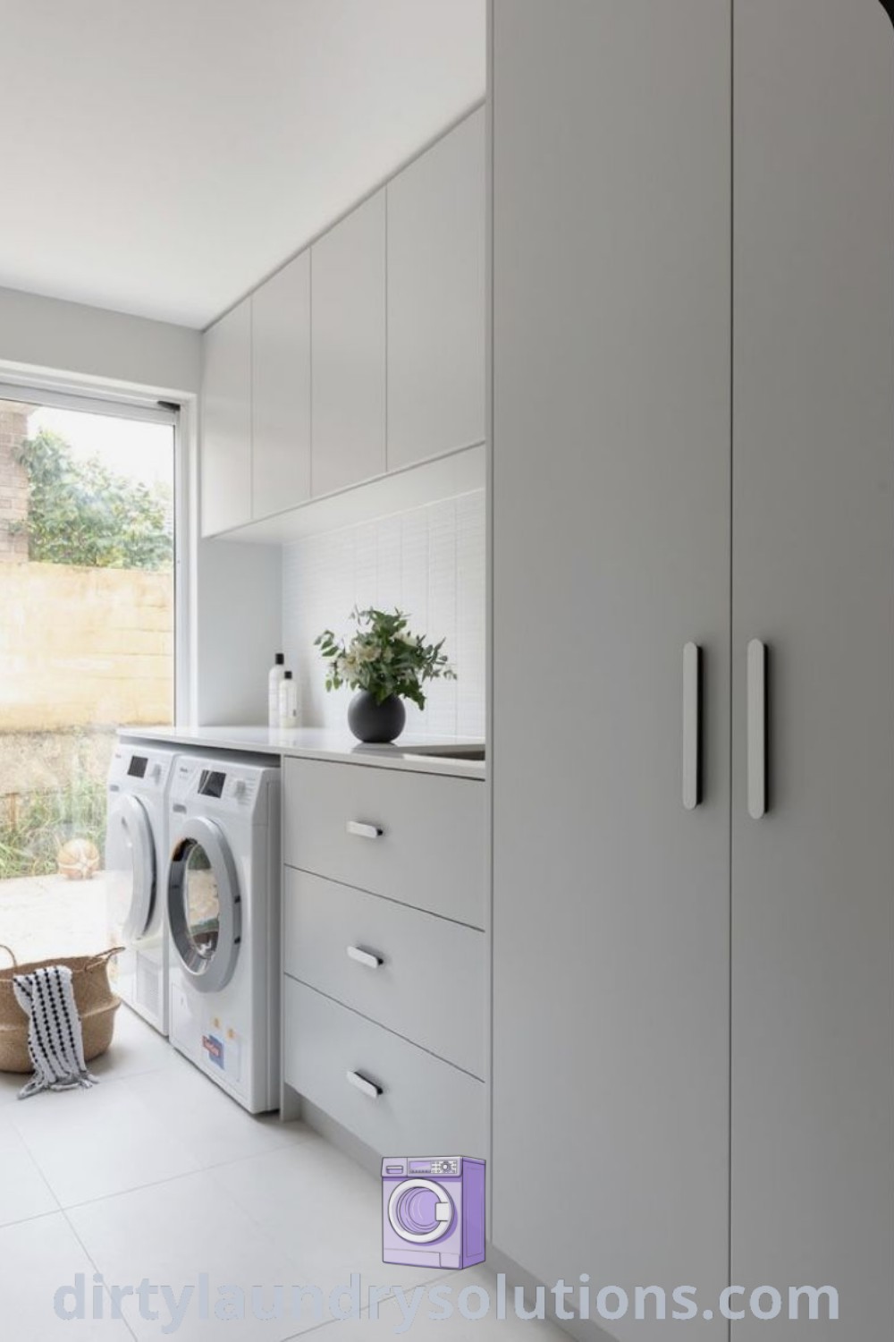 A modern laundry room with a sleek washer and dryer, white walls, stylish cabinets, and flooring, showcasing ideas for laundry room renovation and organization. Discover more laundry inspirations at dirtylaundrysolutions.com.