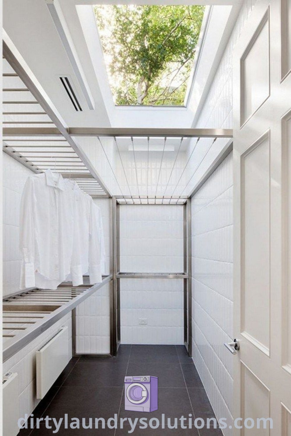 An empty walk-in closet with white walls designed as an outdoor laundry area, featuring stylish design ideas and organization tips for maximizing your space. Find inspiration for cozy outdoor laundry rooms at dirtylaundrysolutions.com.