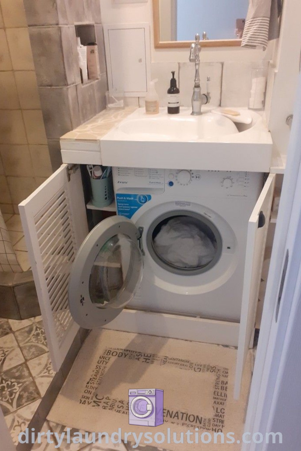 A compact bathroom with a washing machine beside a sink, highlighting innovative space-saving solutions for cozy homes. Explore more compact bathroom ideas at dirtylaundrysolutions.com.