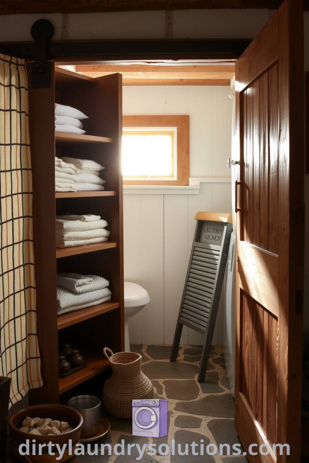 Cozy laundry nook featuring a rustic barn door, weathered wooden shelves with folded linens, a vintage washboard, and sunlight filtering through a small window, creating an inviting atmosphere. Explore unique ideas for your home at dirtylaundrysolutions.com.