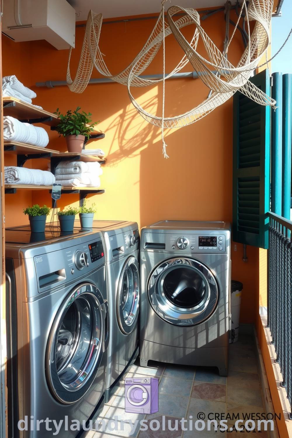 Cozy balcony laundry with metal washers and dryers, weathered wooden shelves displaying towels and herbs, and swaying clotheslines creating an inviting atmosphere. Discover unique ideas for your home at dirtylaundrysolutions.com.