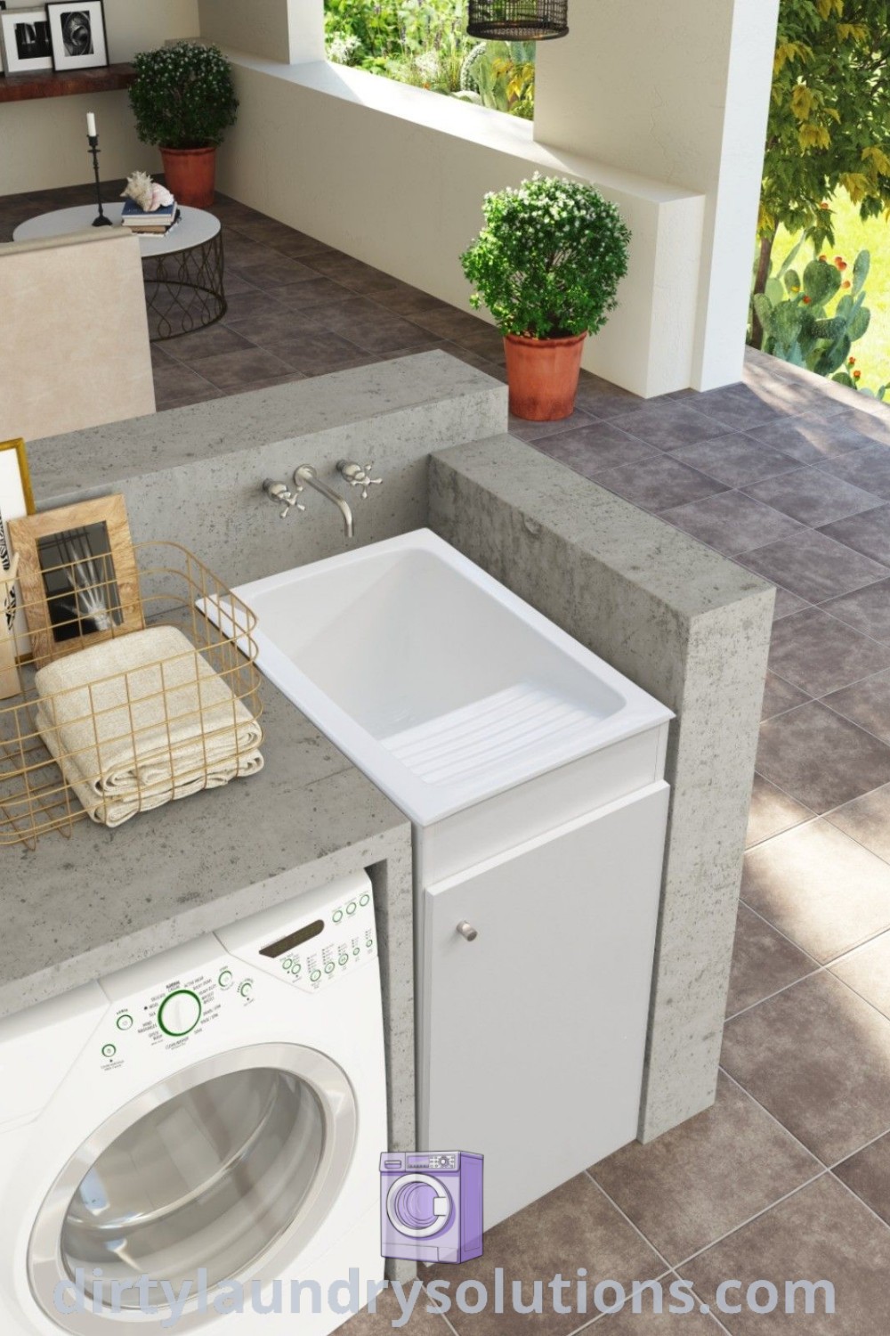 A modern laundry room showcasing a white sink next to a washer and dryer on a counter, emphasizing organization and aesthetics, perfect for busy homes. Discover laundry room ideas and solutions at dirtylaundrysolutions.com.