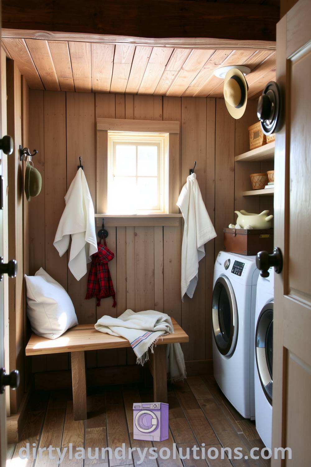 Cozy farmhouse mudroom laundry featuring rustic wood beams, a distressed bench, vintage hooks, and sunlight streaming through a window, making it an inviting and practical space. Explore unique ideas for your home at dirtylaundrysolutions.com.