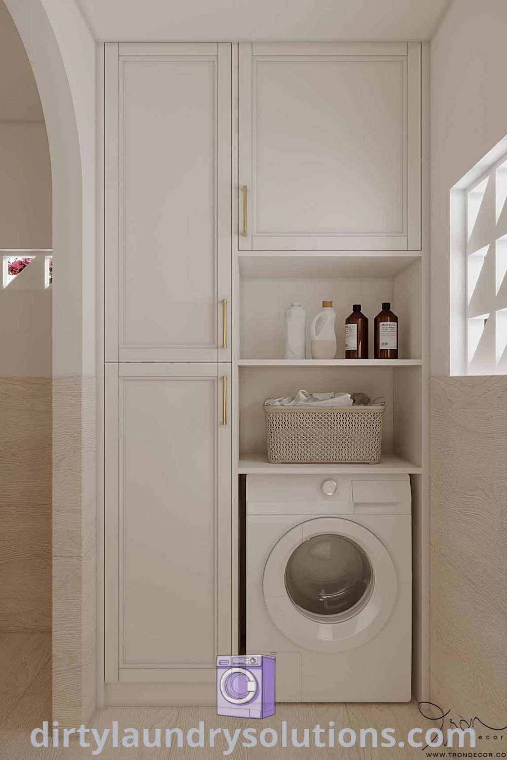 A washer and dryer in a small room with white cupboards, presenting a stylish laundry room layout that emphasizes organization and functionality. Discover inspiring ideas and solutions for your home at dirtylaundrysolutions.com.