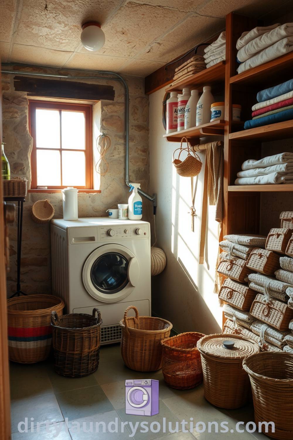 Cozy retro basement laundry featuring vintage washer, exposed stone walls, colorful fabric softeners on wooden shelves, and woven baskets for unique organization ideas. Explore inspiring designs for your home at dirtylaundrysolutions.com.
