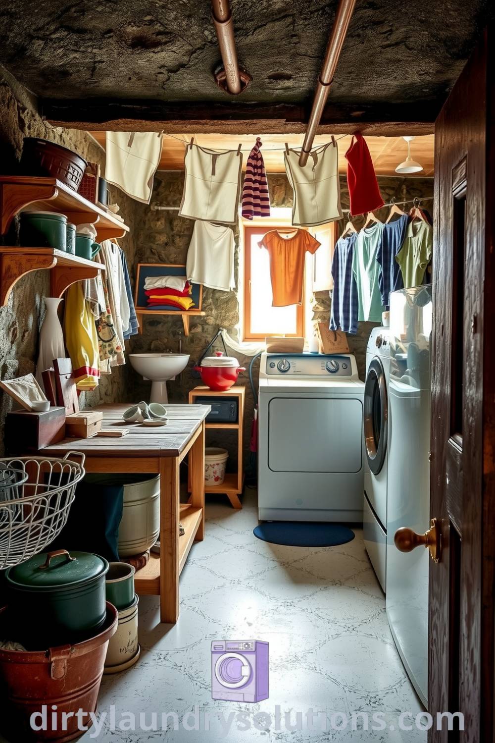 Cozy basement laundry featuring vintage metal baskets, weathered wooden folding table, drying clothes, and soft natural light, creating a nostalgic yet functional space. Explore more unique design ideas for your home at dirtylaundrysolutions.com.