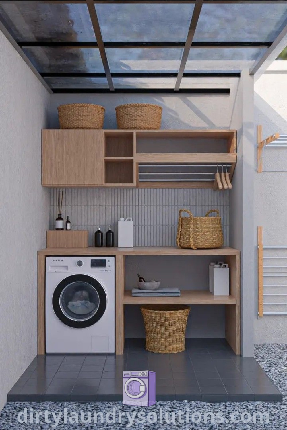 A compact outdoor laundry room with a washer and dryer next to shelves, demonstrating unique design ideas for small spaces and organization solutions. Explore inspiring outdoor laundry rooms at dirtylaundrysolutions.com.