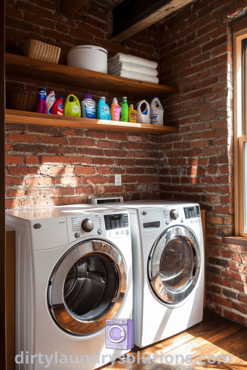 Loft-style laundry room featuring a washer and dryer against exposed brick, organized open shelving with colorful fabric softeners, and sunlight streaming through a window, creating an inviting atmosphere. Discover more inspiring ideas for your home at dirtylaundrysolutions.com.