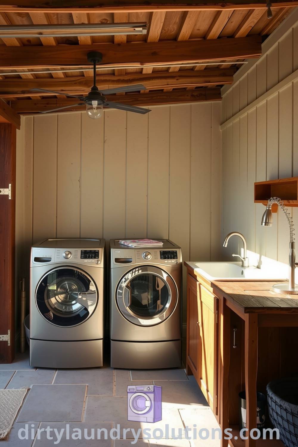 Cozy patio laundry area with weathered wooden beams, stainless steel appliances, rustic wooden countertop, and stone tiles, creating an inviting atmosphere for chores. Discover more inspiring ideas for your home at dirtylaundrysolutions.com.