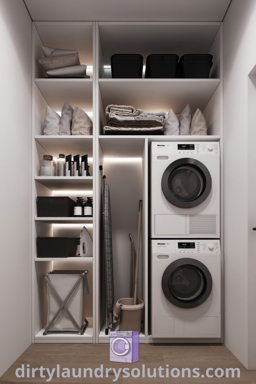 A washer and dryer are in a closet next to each other on shelves, demonstrating stylish organization ideas for small utility room designs. Discover more inspiring solutions for laundry room layouts at dirtylaundrysolutions.com.