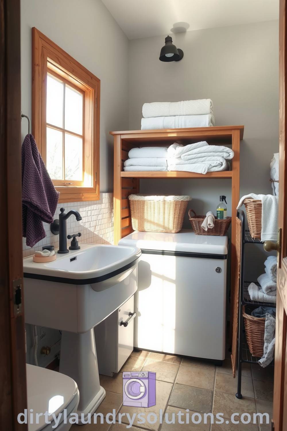 Cozy laundry nook with warm lighting, weathered porcelain sink, and organized wooden shelving, creating an inviting and functional atmosphere. Explore unique ideas for your home at dirtylaundrysolutions.com.