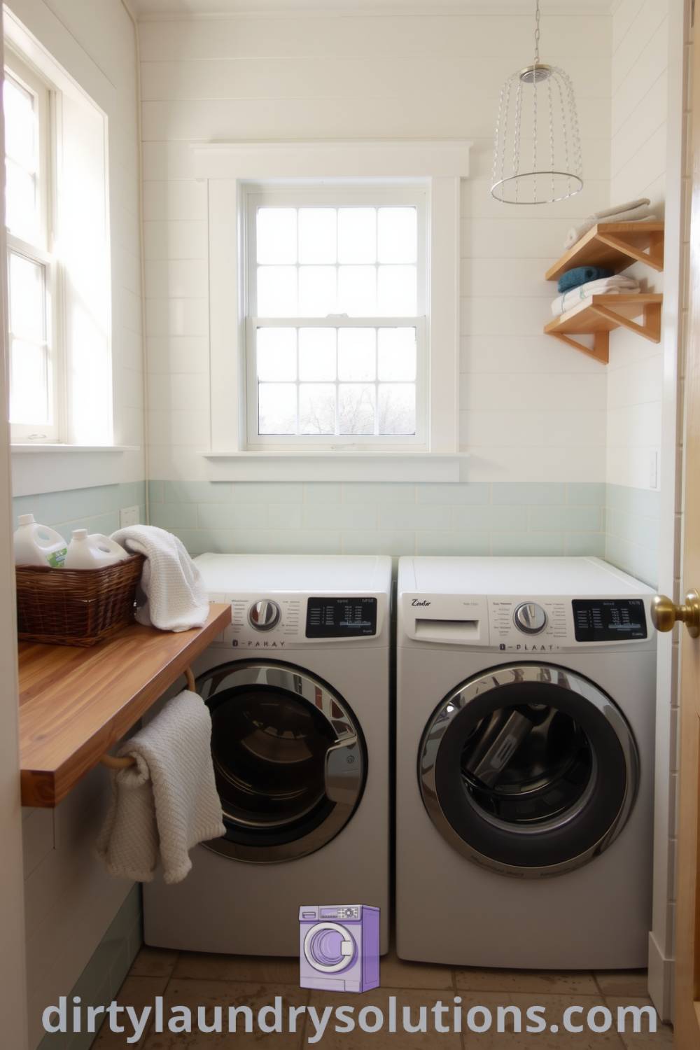 Cozy bathroom laundry corner featuring a sleek washer and dryer, wooden countertop with folded linens, and fresh detergent basket, all enhanced by soft lighting and inviting decor. Discover unique ideas for your home at dirtylaundrysolutions.com.
