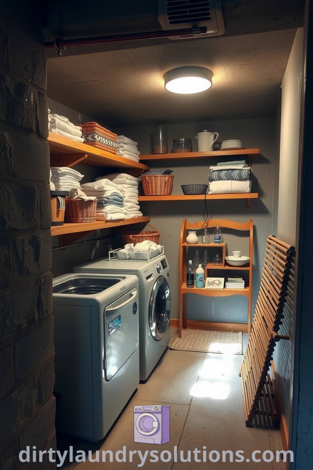 Cozy basement laundry with exposed concrete walls, wooden shelves filled with linens, a vintage washing machine, and warm overhead lighting, creating an inviting atmosphere. Discover more design ideas and solutions to freshen up your space at dirtylaundrysolutions.com.