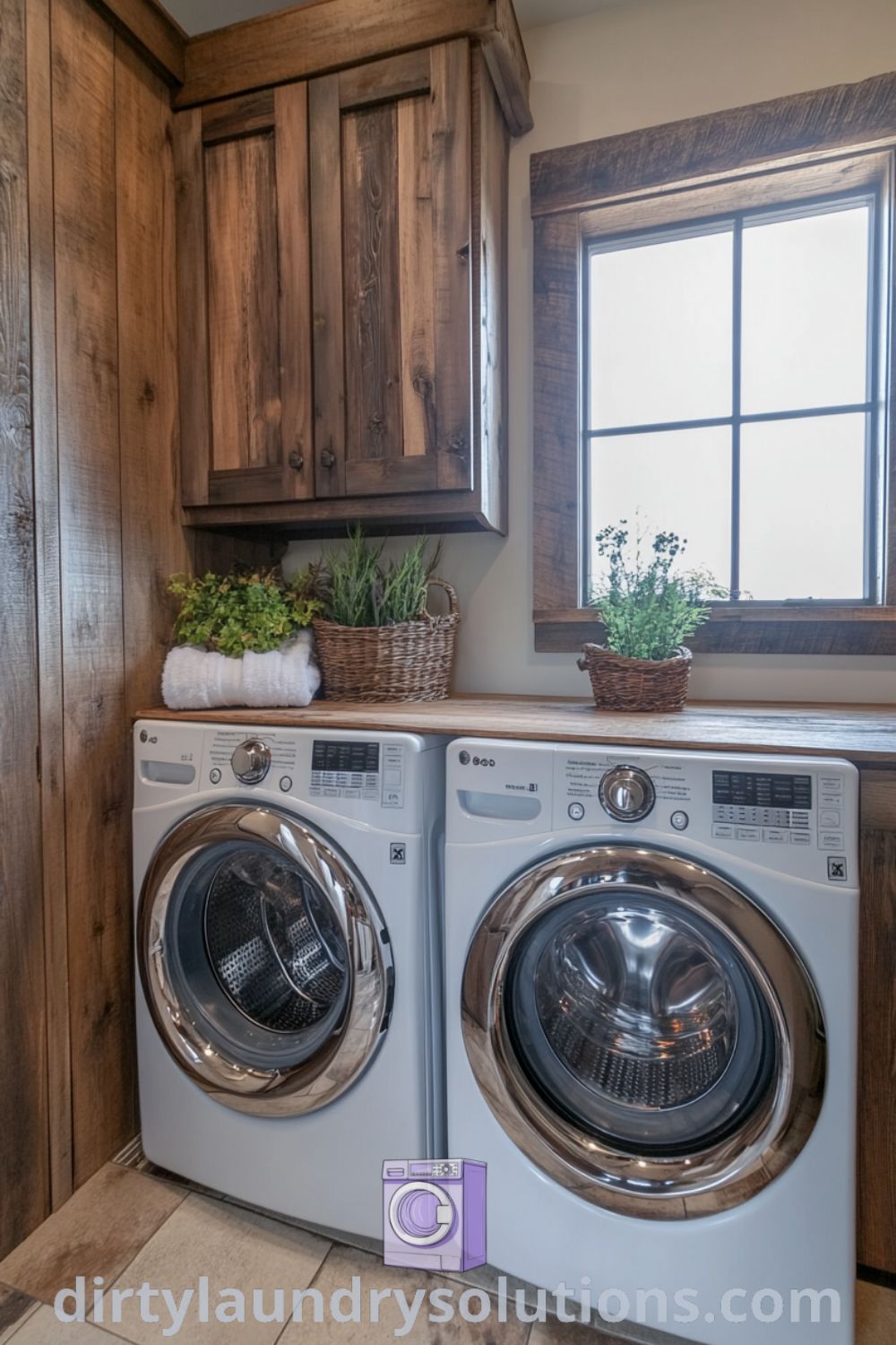 Cozy laundry corner featuring reclaimed wood cabinetry, bright natural light, pet wash shower, and plants for a fresh atmosphere. Discover more inspiring ideas for your home at dirtylaundrysolutions.com.