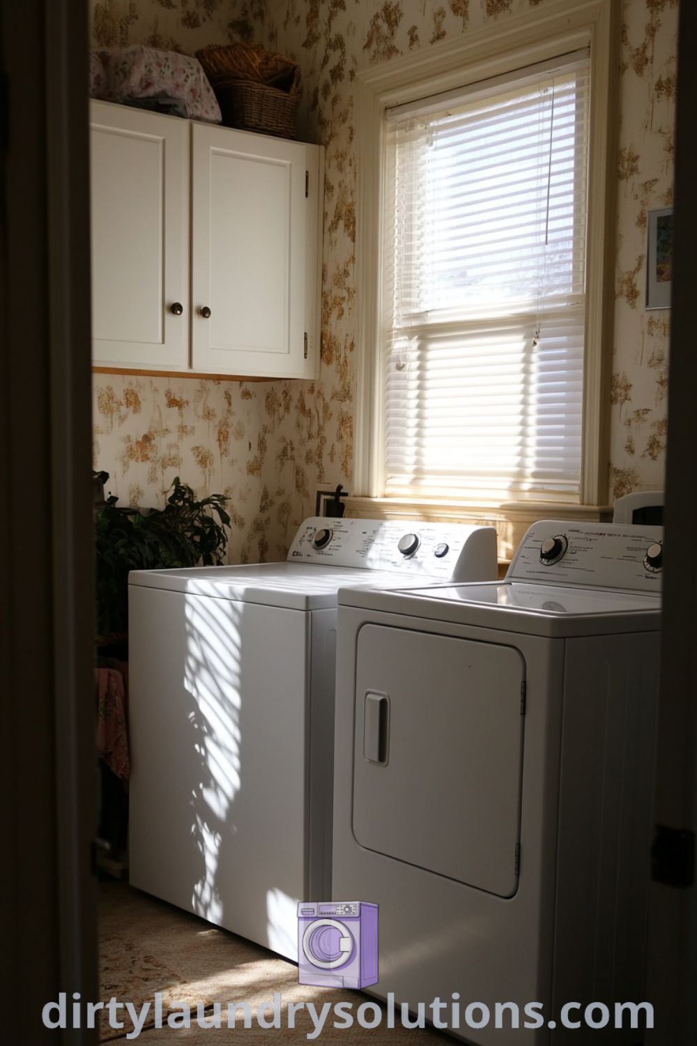 Cozy laundry room with white cabinets, soft sunlight streaming through a window, and organized essentials, creating an inviting atmosphere perfect for small spaces. Discover inspiring ideas for your home at dirtylaundrysolutions.com.