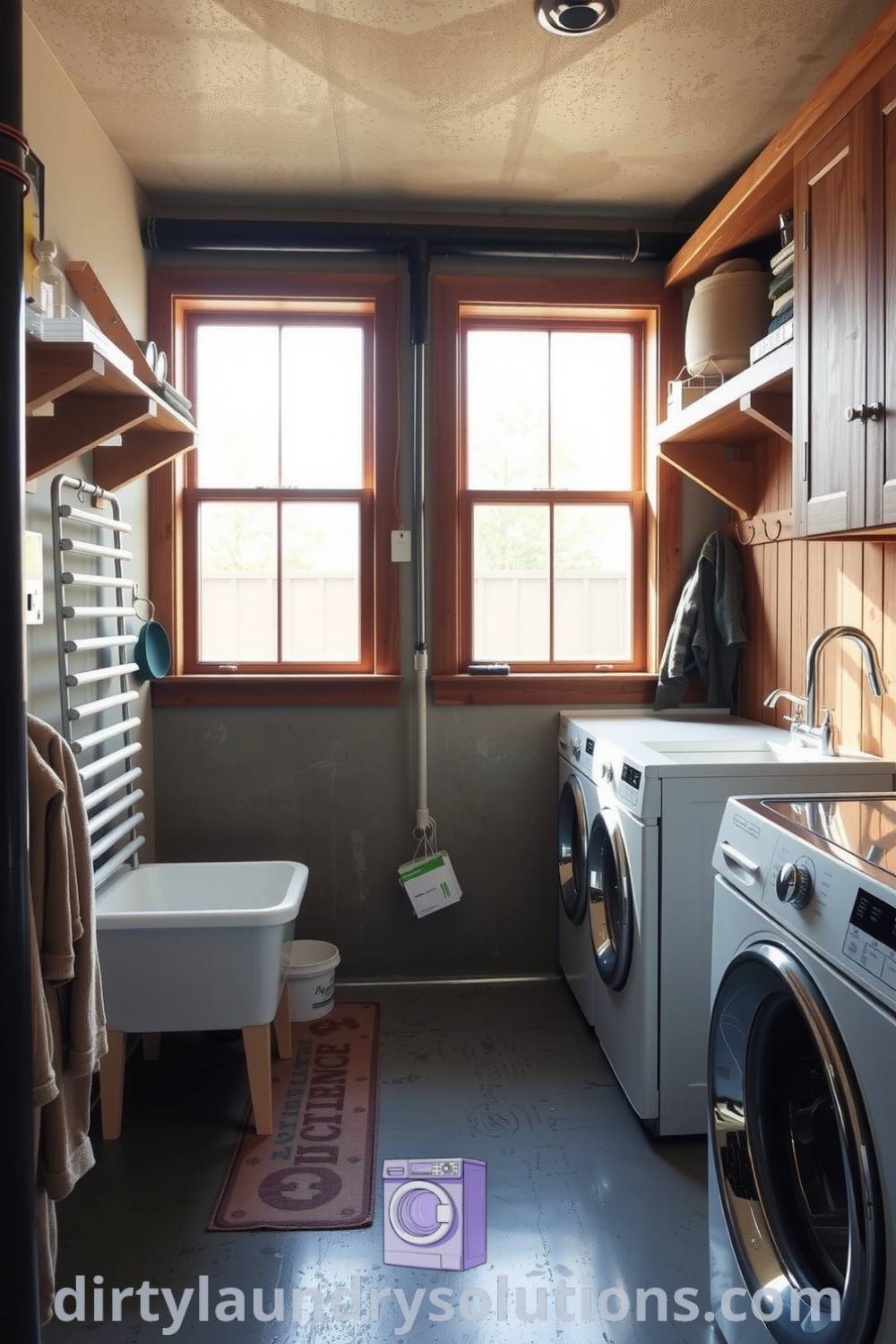 Industrial mudroom laundry space with exposed metal pipes, wooden cabinetry, concrete floor, large windows, and drying racks, showcasing a functional yet cozy home design. Explore unique ideas for your home at dirtylaundrysolutions.com.