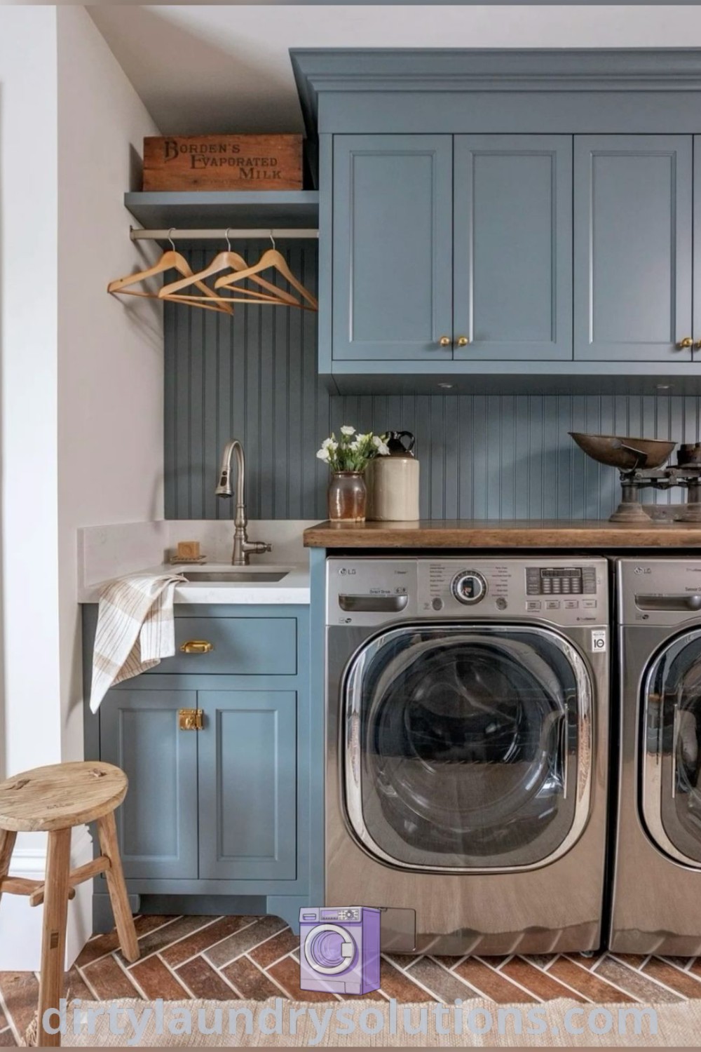 A cozy laundry room featuring a blue washer and dryer, stylish blue cupboards, and practical organization ideas. Explore beautiful blue and yellow laundry room designs and inspirations at dirtylaundrysolutions.com.