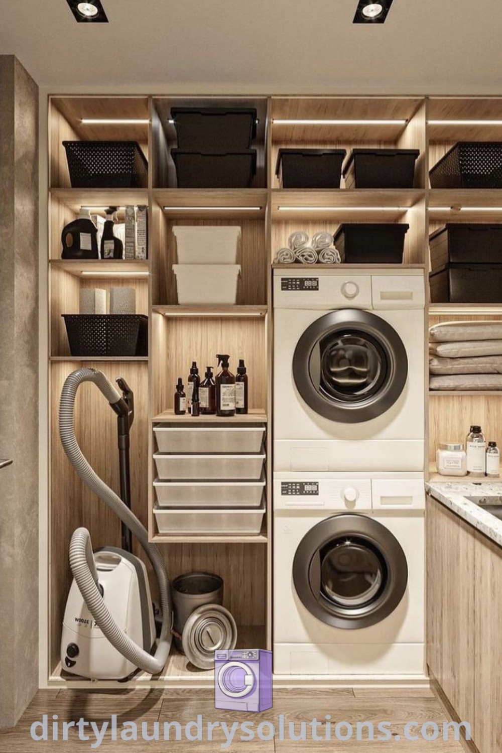 A cozy laundry room featuring a modern washer and dryer, designed for small spaces, exemplifying stylish laundry room organization ideas. Discover unique inspirations for your home at dirtylaundrysolutions.com.