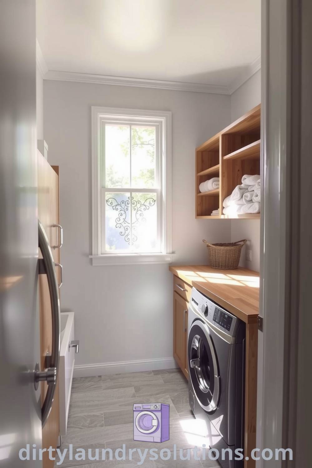 Cozy laundry nook featuring soft neutral tones, stainless steel appliances, wooden countertop, open shelves with towels, and natural light creating a tranquil atmosphere. Explore inspiring ideas for small spaces and organization at dirtylaundrysolutions.com.