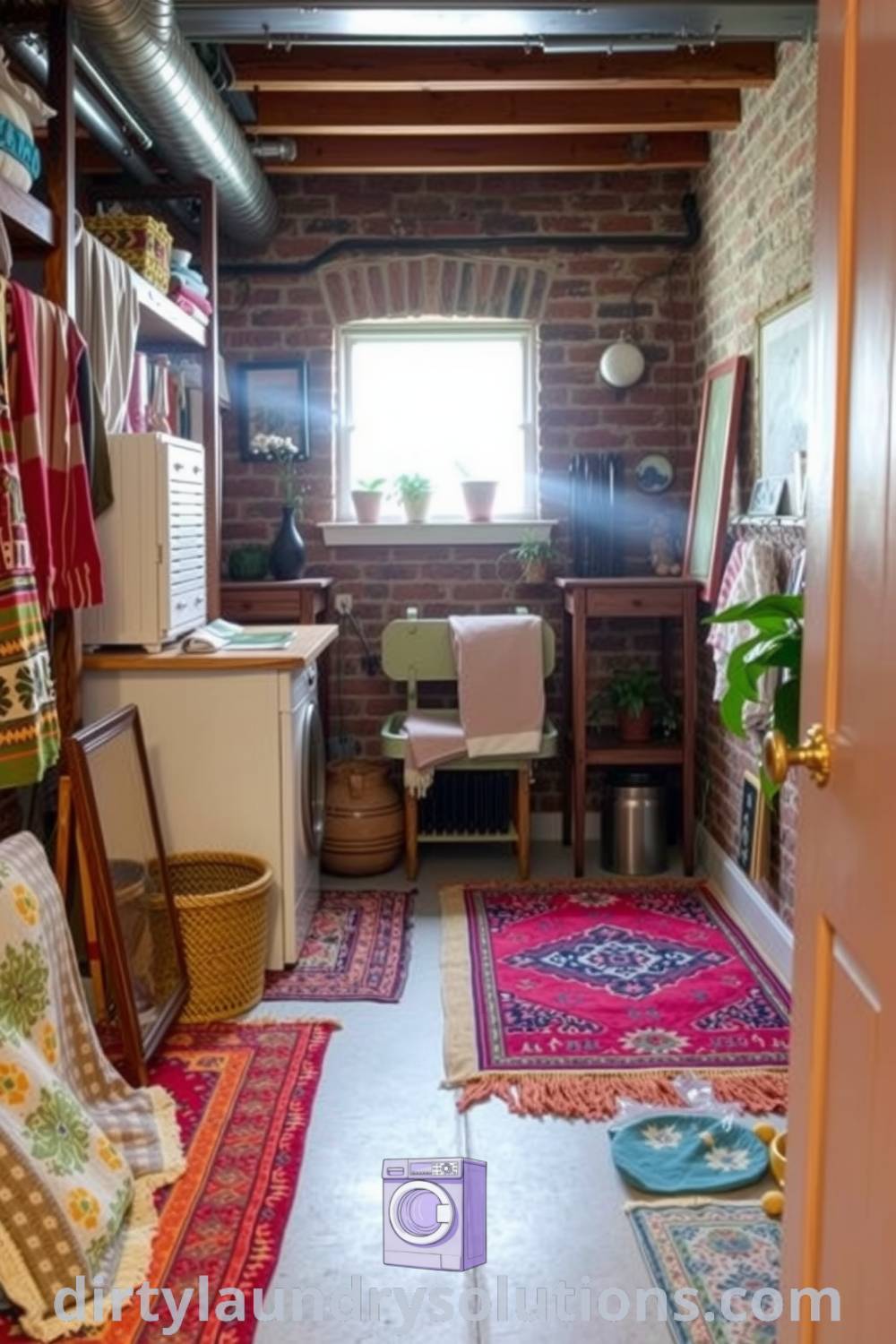 Bohemian basement laundry featuring exposed brick walls, colorful rugs, wooden countertop with potted plants, and neatly folded linens, offering cozy and inspiring design ideas for small spaces. Explore more unique ideas at dirtylaundrysolutions.com.
