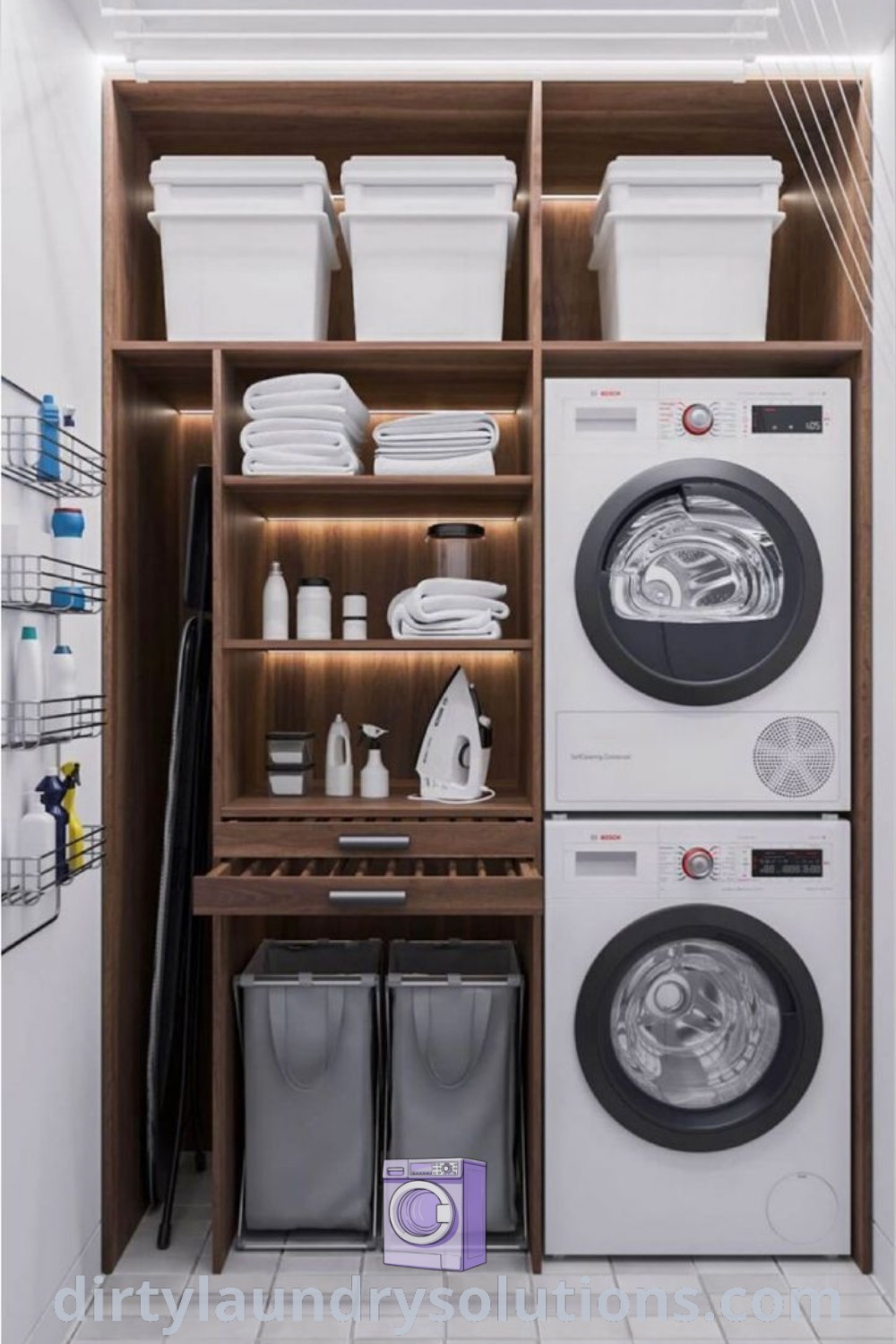 A washer and dryer on shelves in a stylish laundry room, designed for modern functionality. Discover laundry room layouts and organization ideas at dirtylaundrysolutions.com.