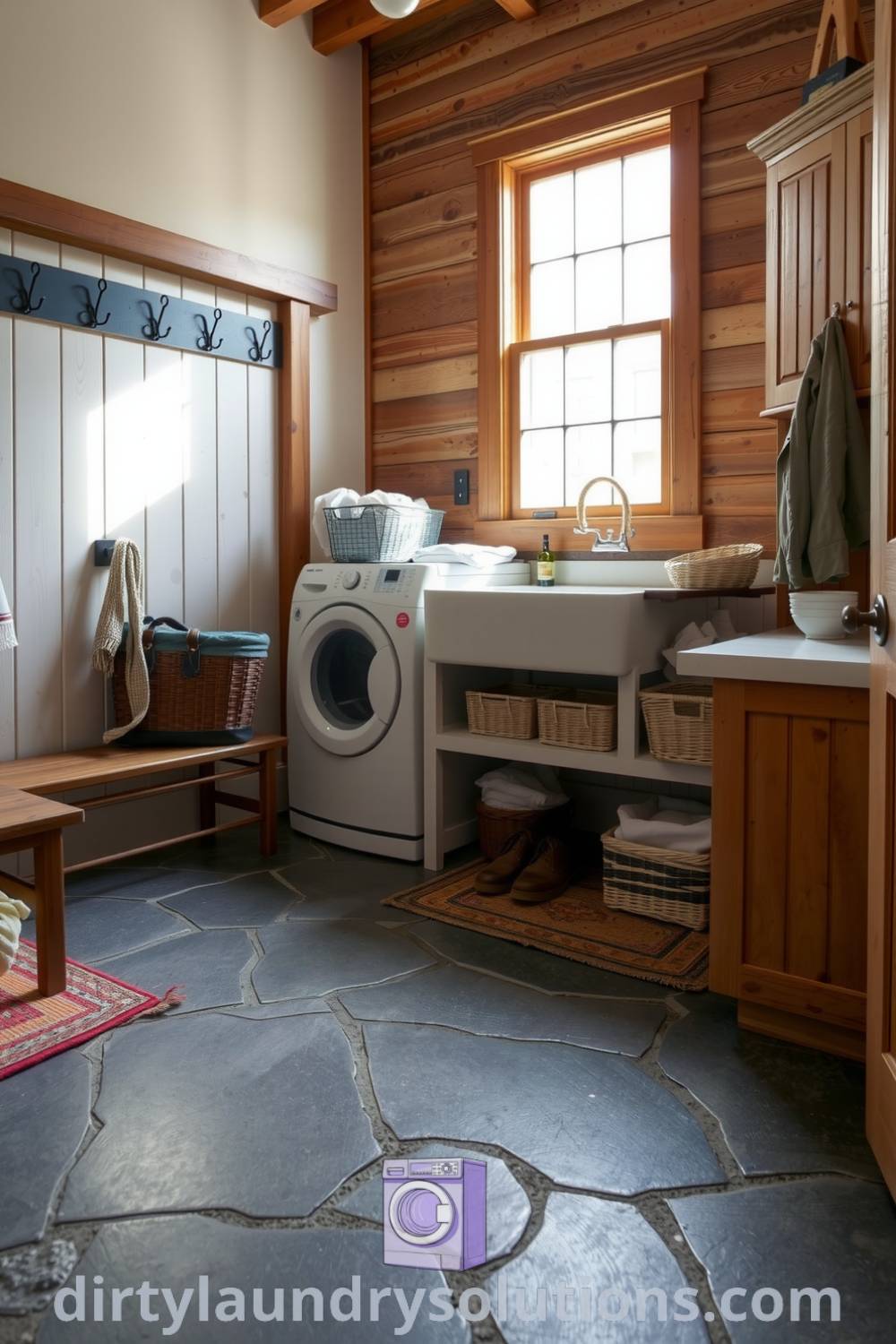 Cozy farmhouse laundry mudroom featuring rustic wooden cabinets, slate-tiled floor, farmhouse sink, organized baskets, and sturdy hooks, creating a warm and inviting atmosphere for practical home solutions. Explore unique ideas for your home at dirtylaundrysolutions.com.