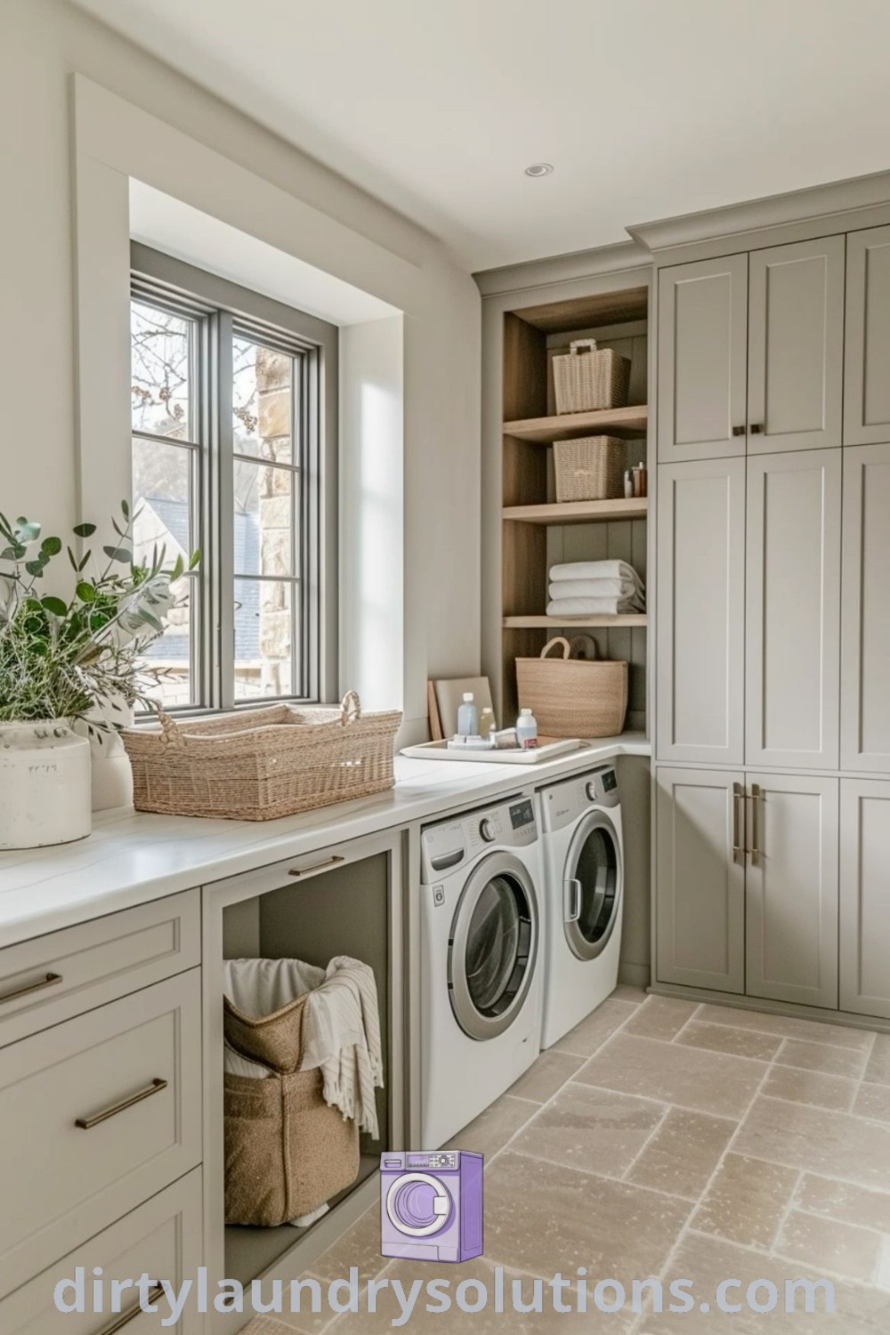A cozy modern country laundry room with a white washer and dryer next to a window, adorned with taupe cabinets, ideal for organization and stylish decor. Discover unique ideas for your home and laundry solutions at dirtylaundrysolutions.com.