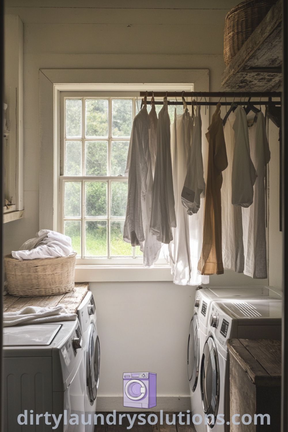 Laundry room with well-loved washer and dryer, rustic wooden rack holding neatly hung clothes, and soft dappled light creating a cozy atmosphere. Discover inspiring ideas for your home at dirtylaundrysolutions.com.