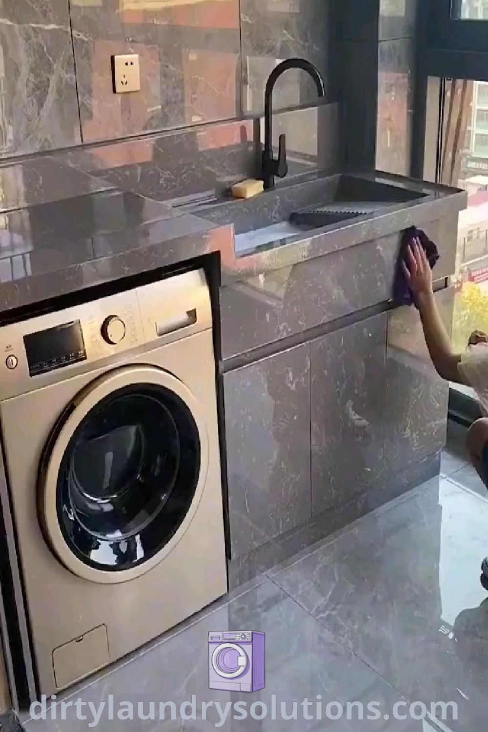 A design featuring a washbasin with a washing machine in a cozy kitchen, showcasing unique ideas for laundry spaces, including balcony wash basin ideas and utility area designs. Discover more inspirations for your home at dirtylaundrysolutions.com.