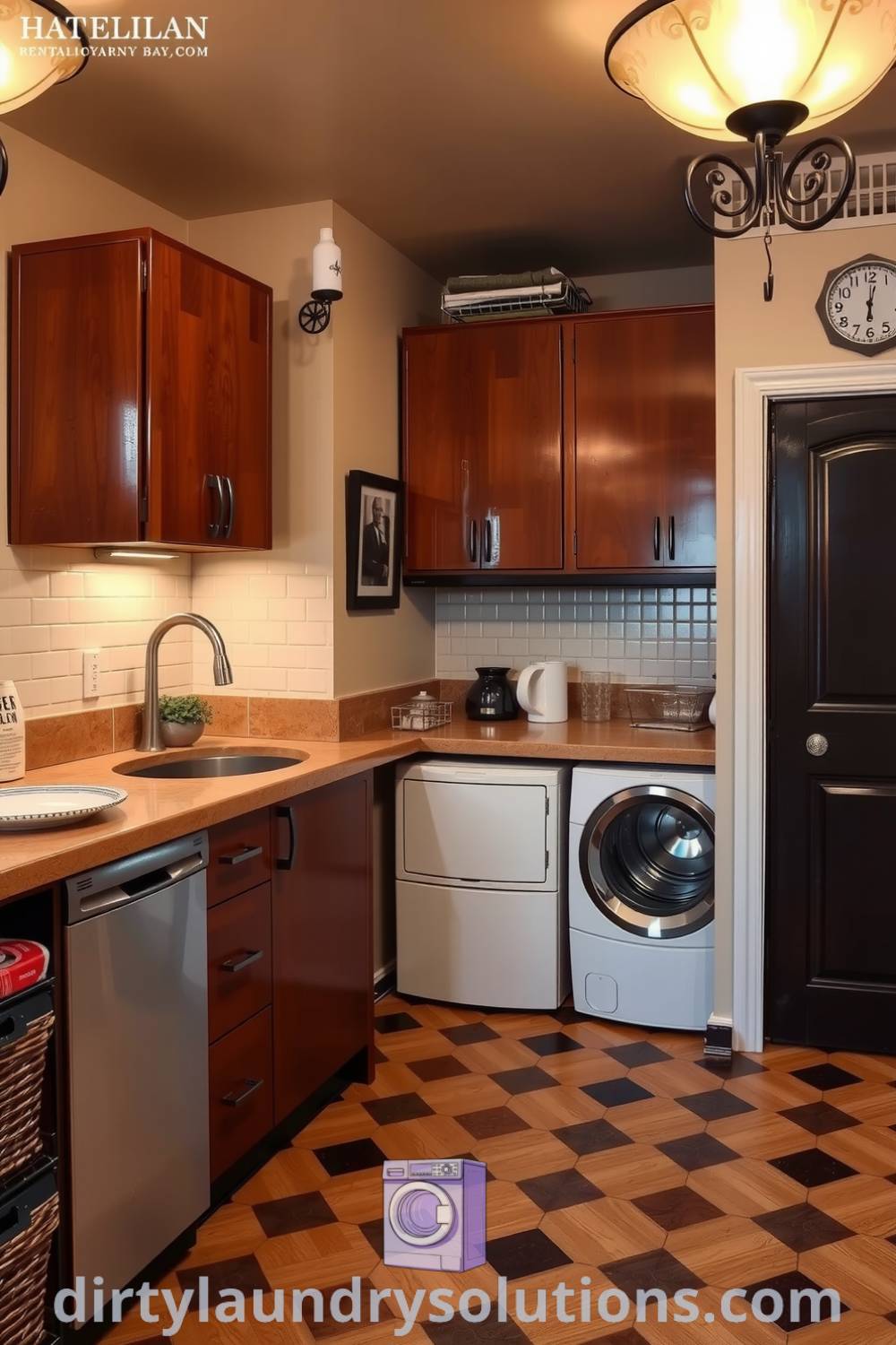Art Deco basement laundry featuring glossy tile floors, vintage light fixtures, metal accents, polished wood cabinetry, and a practical countertop, showcasing chic design ideas for cozy homes and inspiring small spaces. Explore more organization ideas at dirtylaundrysolutions.com.
