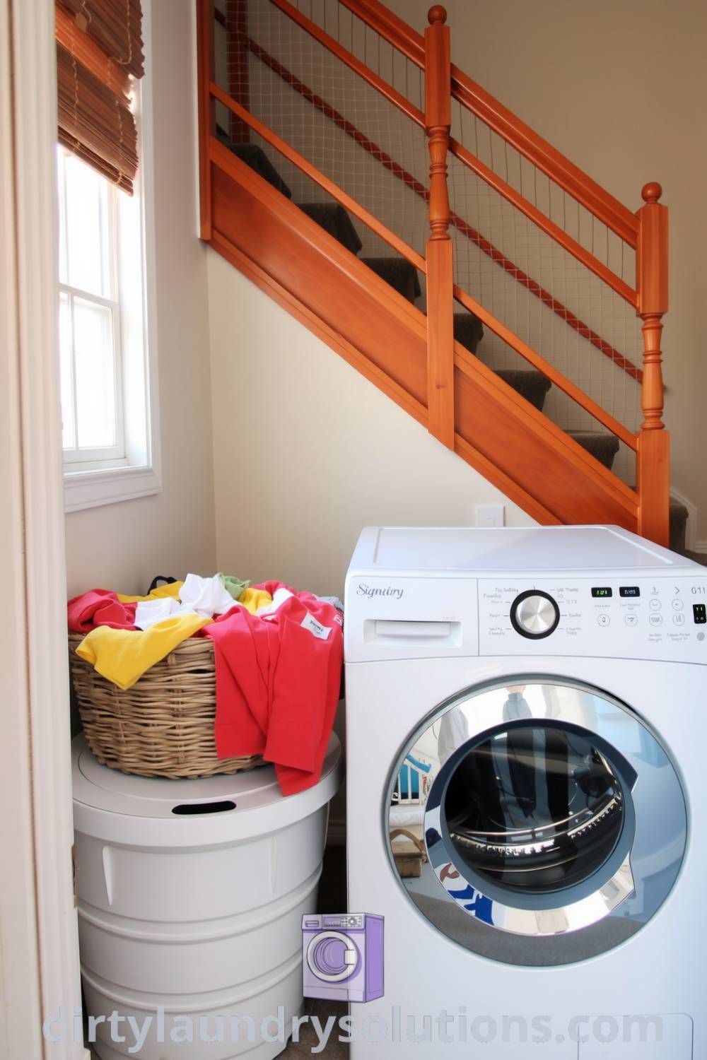 Cozy laundry area with a washer and dryer, woven basket of colorful clothes, and a warm ambiance created by natural light. Discover more inspiring ideas for your home at dirtylaundrysolutions.com.