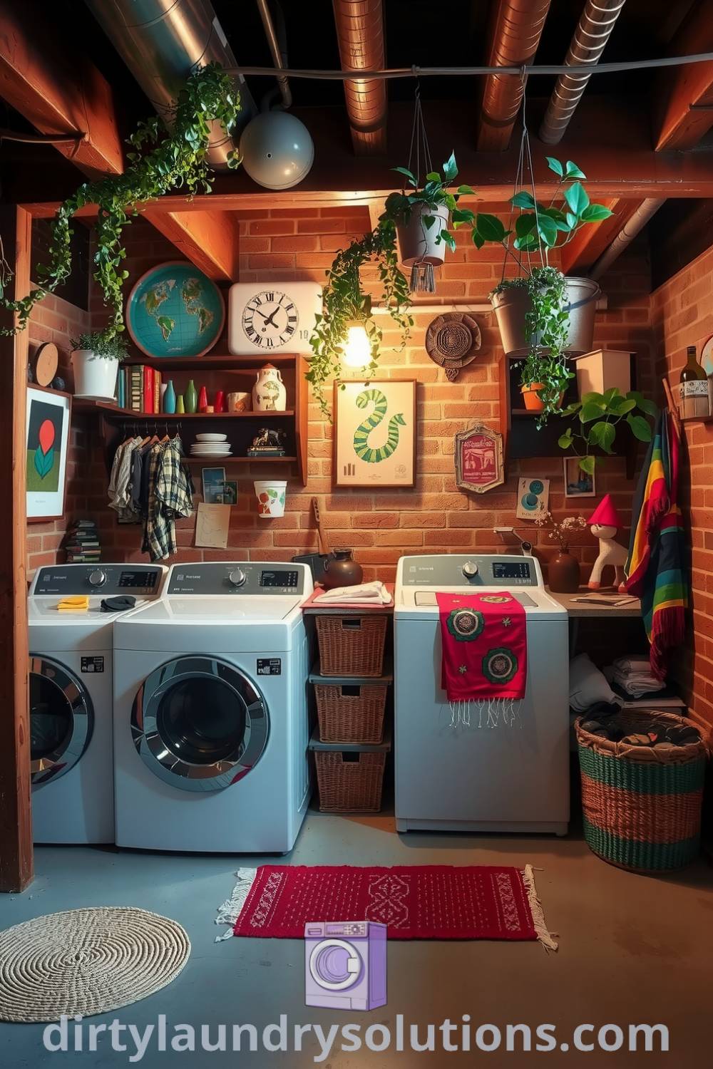 Bohemian laundry area with exposed brick walls, mismatched decor, vibrant textiles, and hanging plants, creating a cozy and inviting atmosphere. Discover inspiring ideas for your home at dirtylaundrysolutions.com.