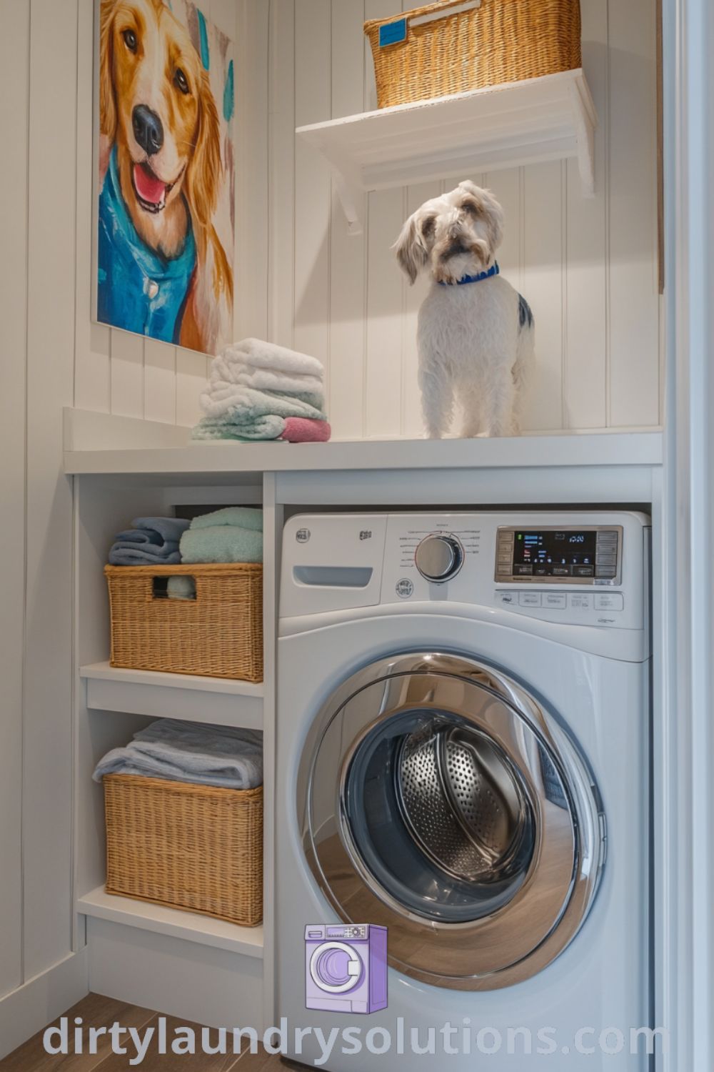 Cheerful pet shower area with durable tiles, hand-painted dog art, and mismatched grooming supplies creating an inviting atmosphere for pet washing. Explore more cozy ideas at dirtylaundrysolutions.com.