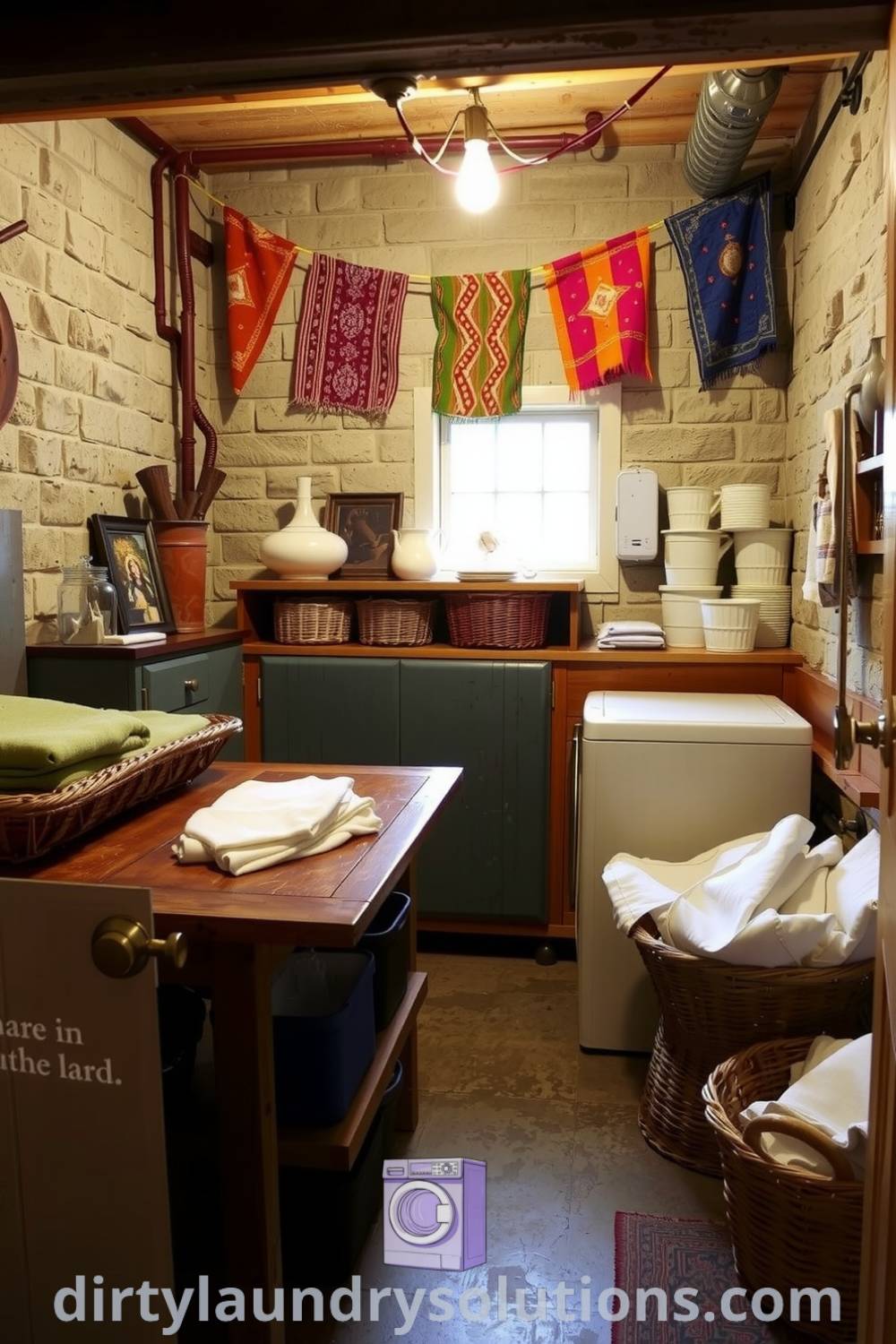 Charming bohemian basement laundry with textured stone walls, vibrant fabric banners, and a vintage wooden folding table, showcasing unique organization ideas and cozy aesthetic. Discover more inspiring ideas for your home at dirtylaundrysolutions.com.