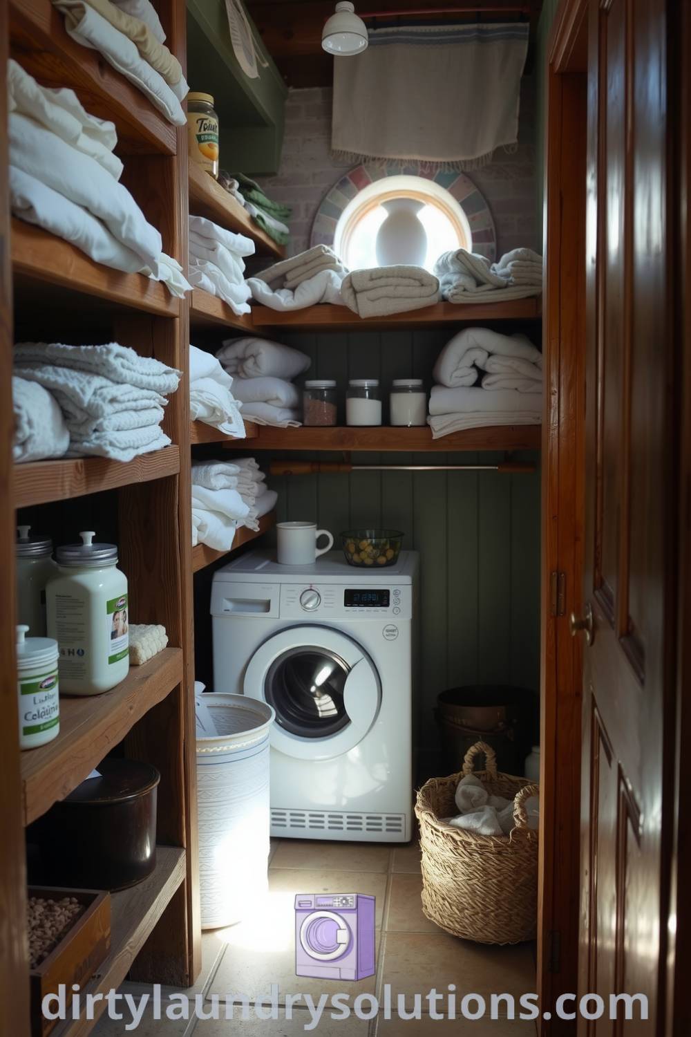 Cozy farmhouse laundry room featuring wooden shelves filled with linens and detergent jars, illuminated by sunlight through a small window, creating a serene and functional space. Discover more cozy ideas for your home at dirtylaundrysolutions.com.