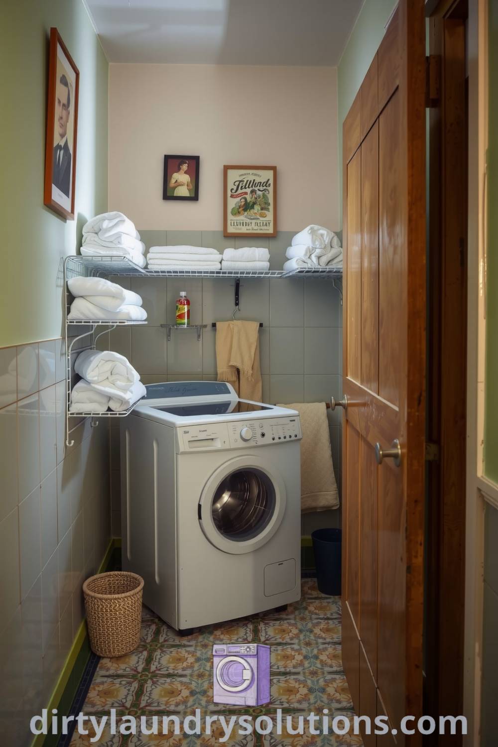 Cozy retro laundry hallway with patterned linoleum floor, pastel walls adorned with vintage prints, neatly folded towels, and a compact washing machine, creating a nostalgic and inviting atmosphere. Discover more ideas for your home at dirtylaundrysolutions.com.