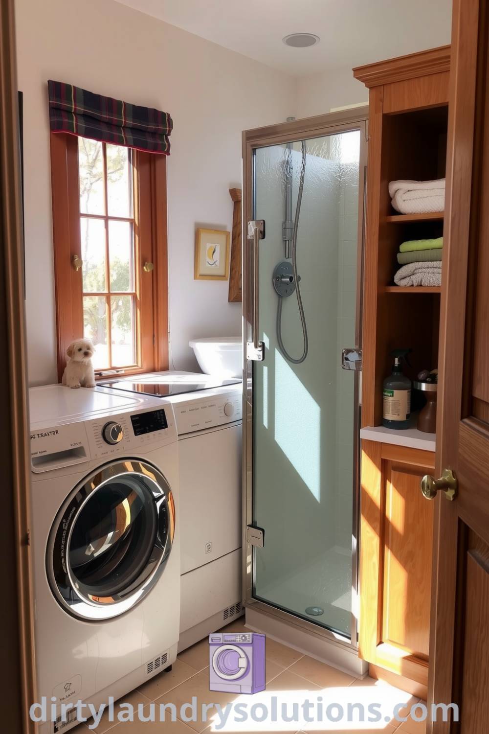 Bright and airy laundry room featuring a washer and dryer, a pet wash shower, and warm wooden cabinetry, creating a cozy, functional space. Discover inspiring ideas for your home at dirtylaundrysolutions.com.
