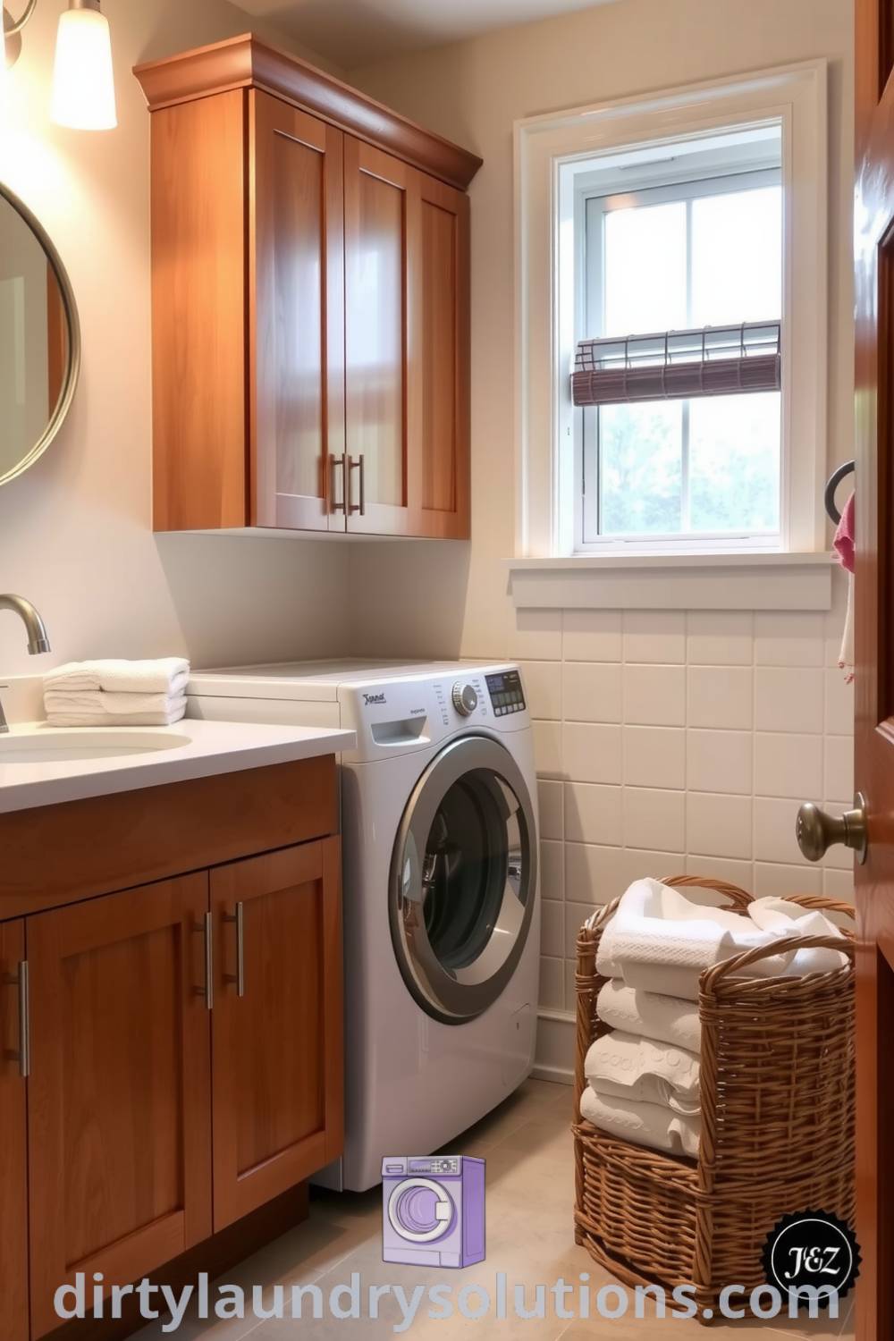 Cozy laundry room featuring compact washer and dryer, deep utility sink, warm wood cabinets, and soft natural light, providing practical functionality and inviting comfort. Explore inspiring ideas for your home at dirtylaundrysolutions.com.