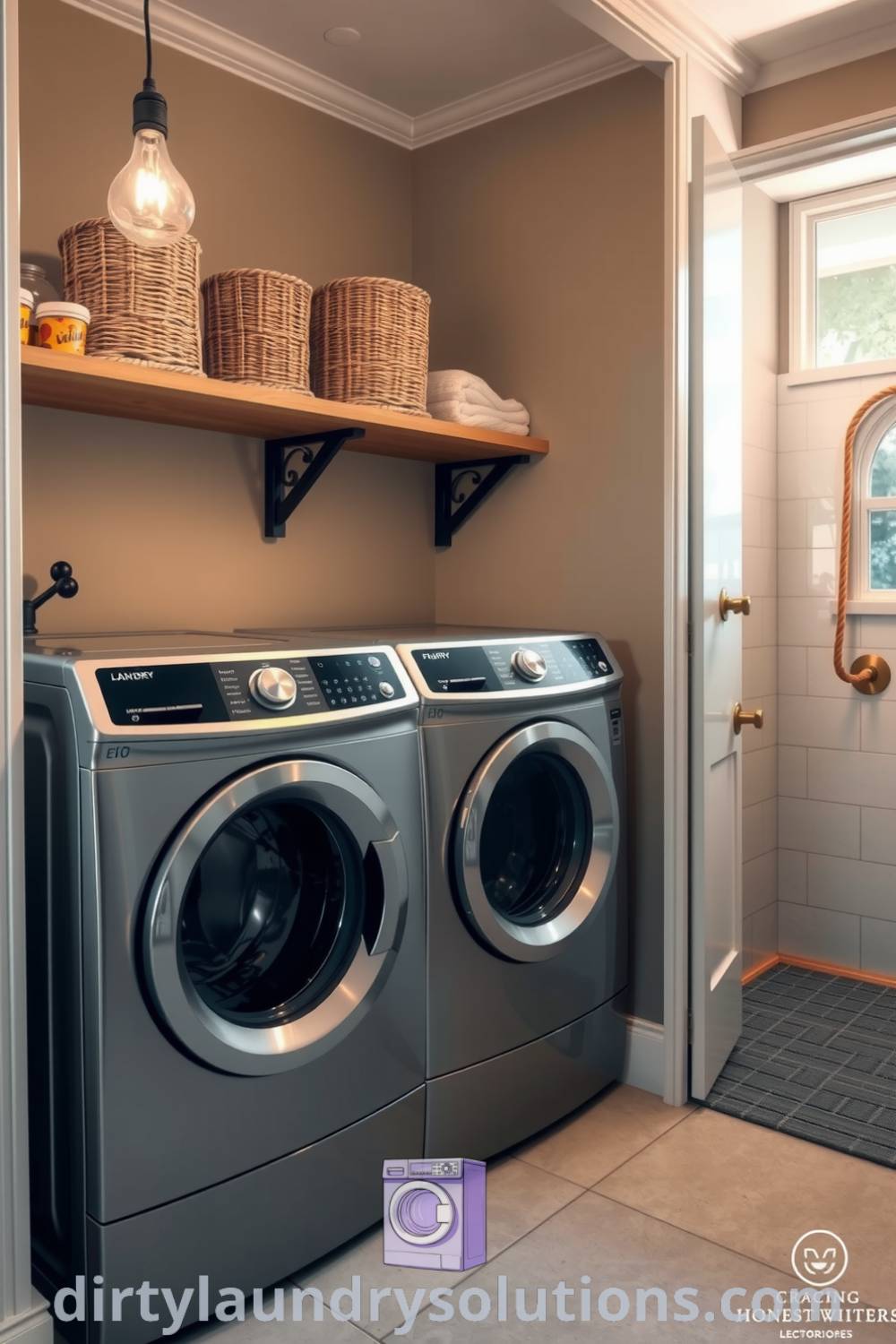 Laundry nook with brushed metal washer and dryer, tiled pet shower, colorful storage baskets, and inviting pendant lighting, creating a cozy and practical atmosphere. Explore inspiring ideas for your home at dirtylaundrysolutions.com.