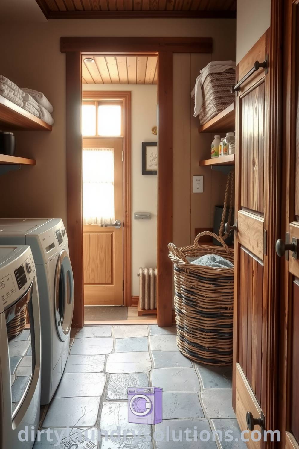 Cozy laundry hallway featuring warm wooden cabinetry, open shelves with neatly folded towels, vintage basket, and worn stone floor, creating an inviting atmosphere for chores and relaxation. Explore unique ideas for your home at dirtylaundrysolutions.com.