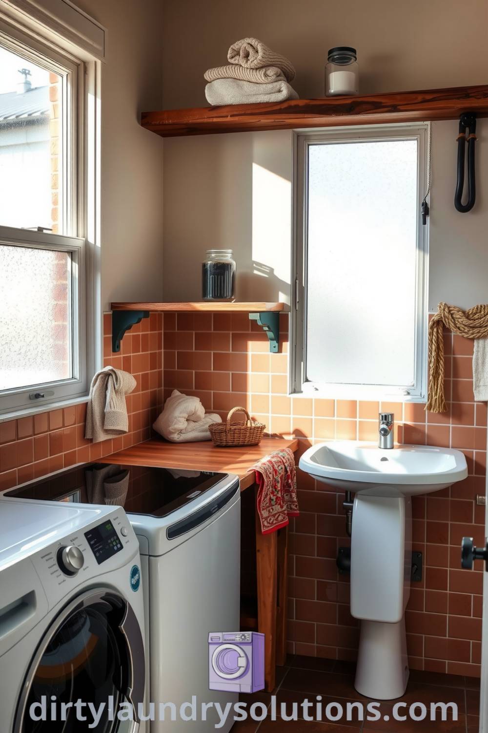 Cozy bathroom laundry featuring warm tiles, a weathered wooden countertop, a sleek washer and dryer, and a rustic shelf for organization, creating an inviting and practical space for chores. Explore more inspiring ideas for your home at dirtylaundrysolutions.com.