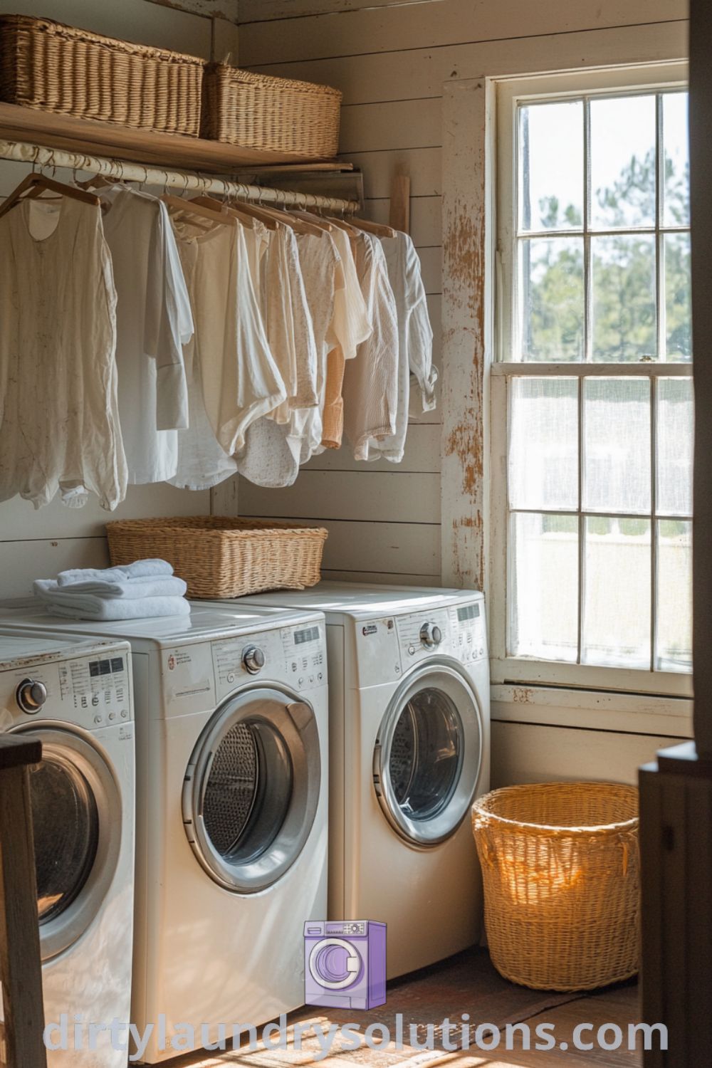 Farmhouse laundry room featuring a washer and dryer, wooden drying rack with freshly washed clothes, and rustic wooden shelves with baskets, embodying cozy aesthetic and practical design ideas for small spaces. Explore inspiring ideas for your home at dirtylaundrysolutions.com.