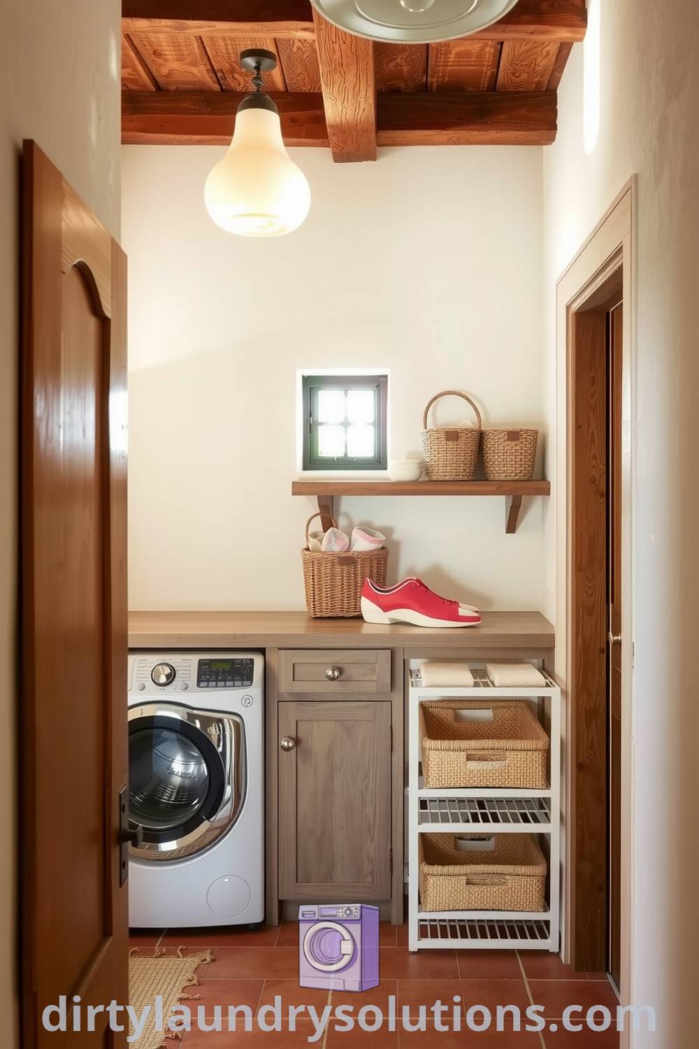 Hidden laundry space in a Mediterranean-style home featuring terracotta tiles, rustic wooden beams, weathered cabinetry, and woven baskets, showcasing cozy design ideas perfect for small spaces. Explore inspiring ideas for your home at dirtylaundrysolutions.com.
