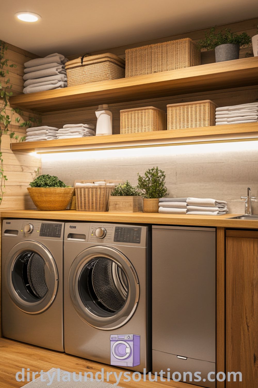Laundry room featuring a sleek washer and dryer, wooden shelving with stacked baskets and potted plants, creating a cozy and inviting atmosphere that inspires organization ideas for small spaces. Explore more cozy ideas for your home at dirtylaundrysolutions.com.