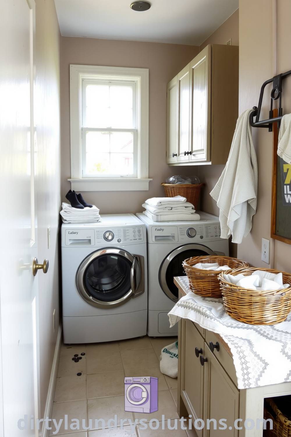 Cozy hallway laundry featuring faded wood cabinetry, textured tiles, natural light, and organized baskets, creating an inviting space that inspires warm aesthetics and practical solutions. Explore unique ideas for your home at dirtylaundrysolutions.com.