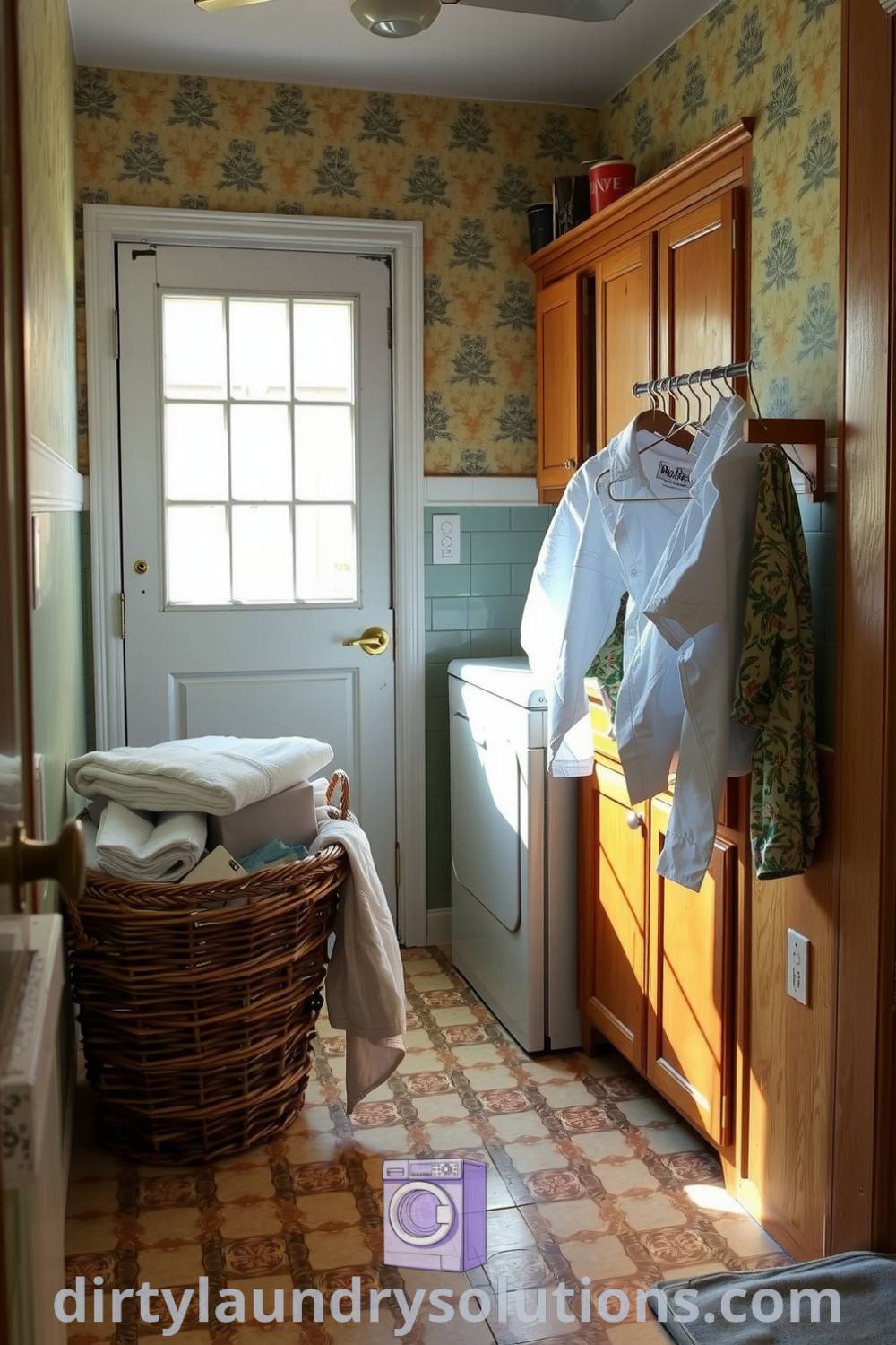 Vintage laundry hallway with faded wallpaper, wooden cabinets, basking in sunlight, and a cozy atmosphere showcasing inspiring ideas for small spaces and unique decor solutions. Explore more at dirtylaundrysolutions.com.