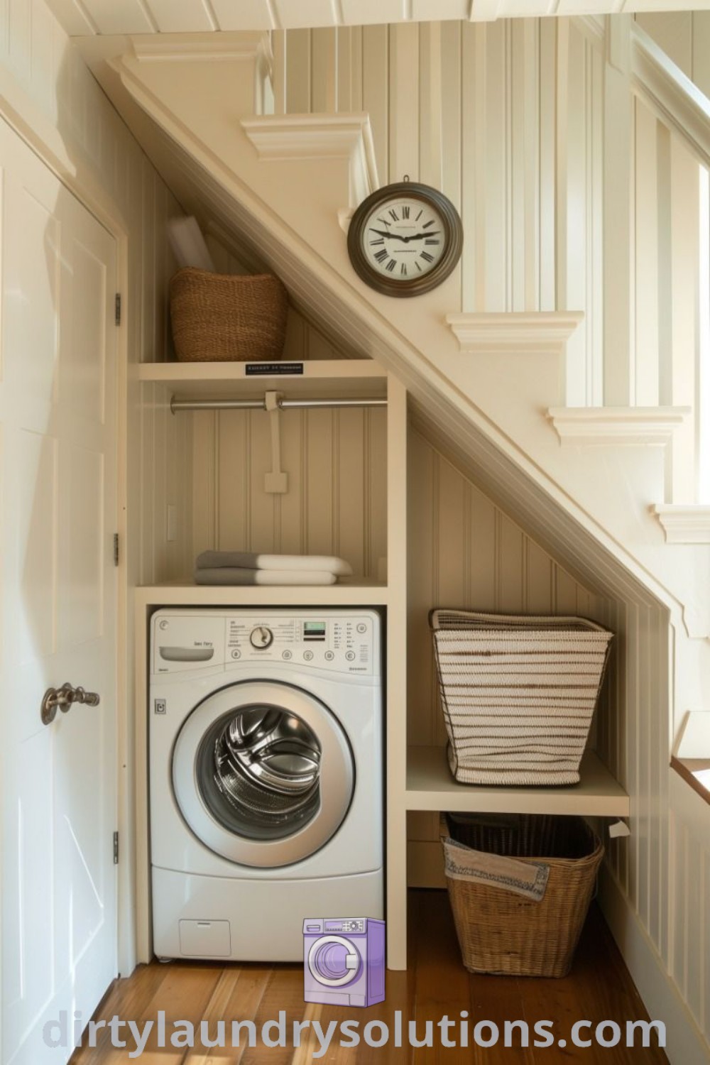 A cozy laundry room under the stairs with a washer and dryer, stylishly designed for small spaces, highlighting organization ideas that enhance both functionality and aesthetics. Discover more about creating inspiring laundry areas at dirtylaundrysolutions.com.