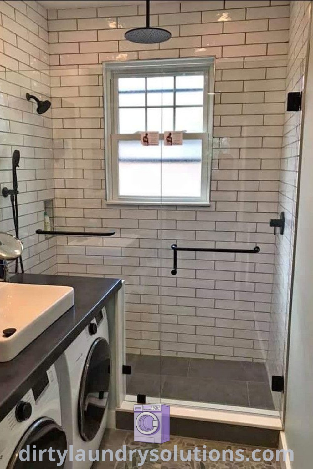 A small bathroom featuring a washer and dryer combined with a shower and sink combo, showcasing efficient use of space and stylish organization ideas. Discover practical solutions for small spaces at dirtylaundrysolutions.com.