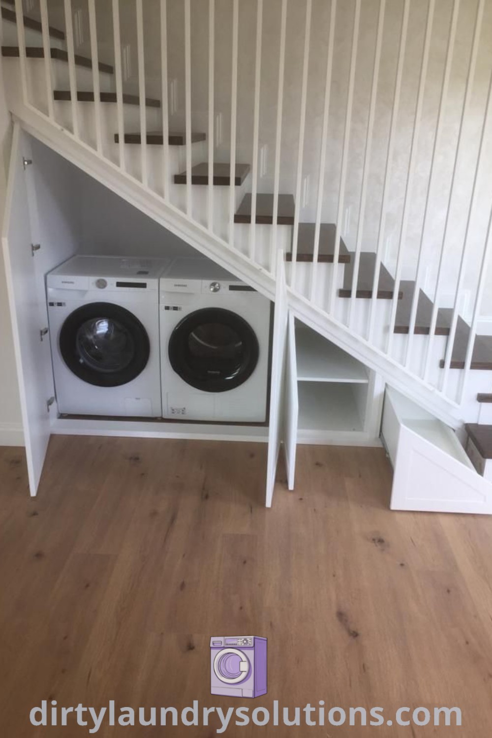 A cozy under stairs utility room featuring a washer and dryer, designed for optimal organization and aesthetics. Discover laundry solutions and inspiring ideas for busy homes at dirtylaundrysolutions.com.